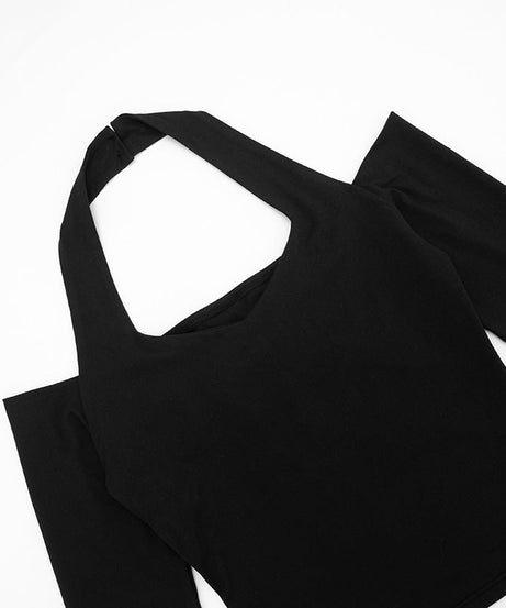 Chic Fall Nights: Black Halter Cold Shoulder Long Sleeve Top | Elevated Autumn Style