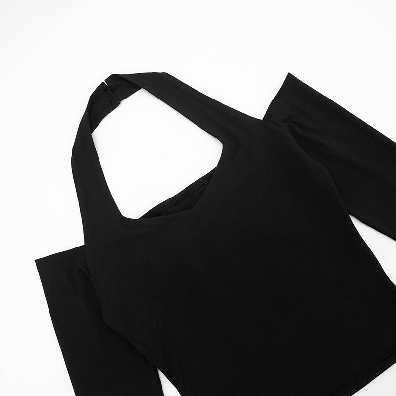 Chic Fall Nights: Black Halter Cold Shoulder Long Sleeve Top | Elevated Autumn Style