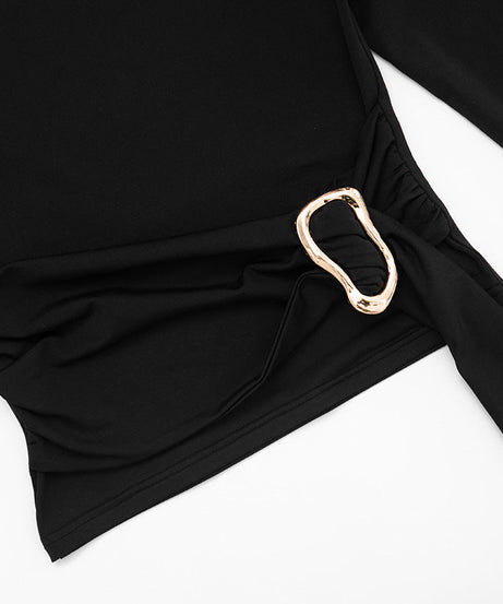 Elegant Black Off-Shoulder Ruched Top with Gold Buckle | Perfect for Fall & Holiday Glam