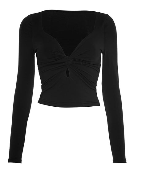 Fall Chic! Black Ruched V-Neck Keyhole Crop Top - Long Sleeve Statement Piece