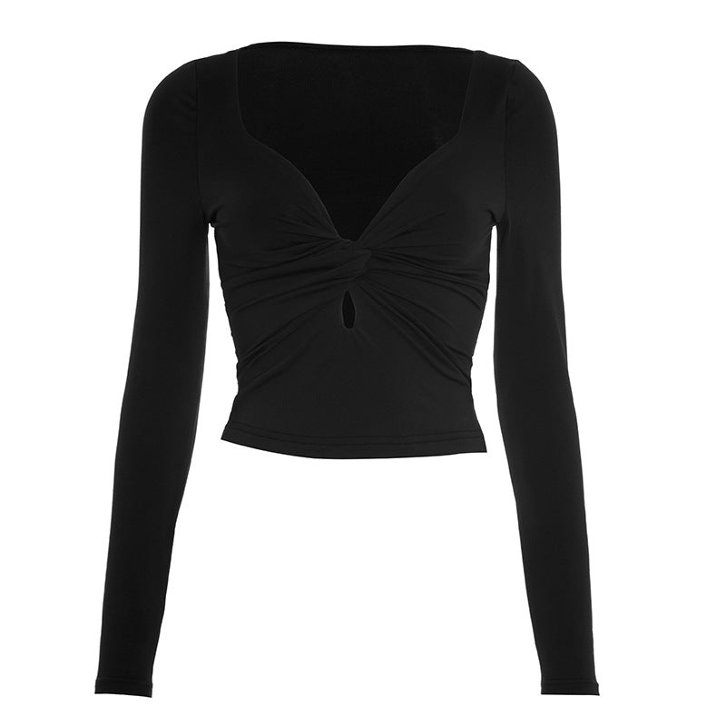 Fall Chic! Black Ruched V-Neck Keyhole Crop Top - Long Sleeve Statement Piece