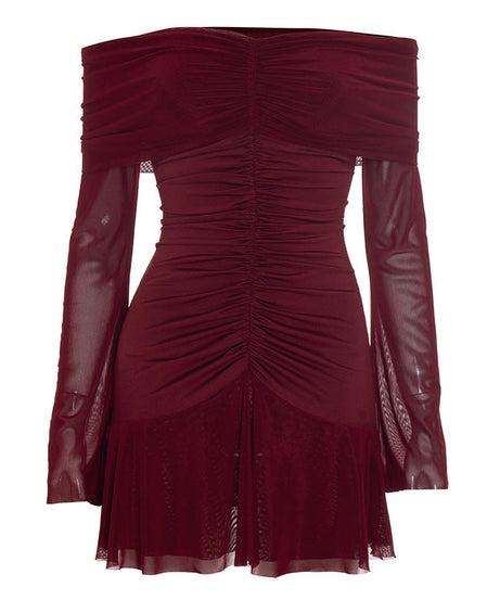 Alluring Garnet Ruched Off-Shoulder Mini Dress - Mesh Long Sleeve | Fall & Holiday Party Ready