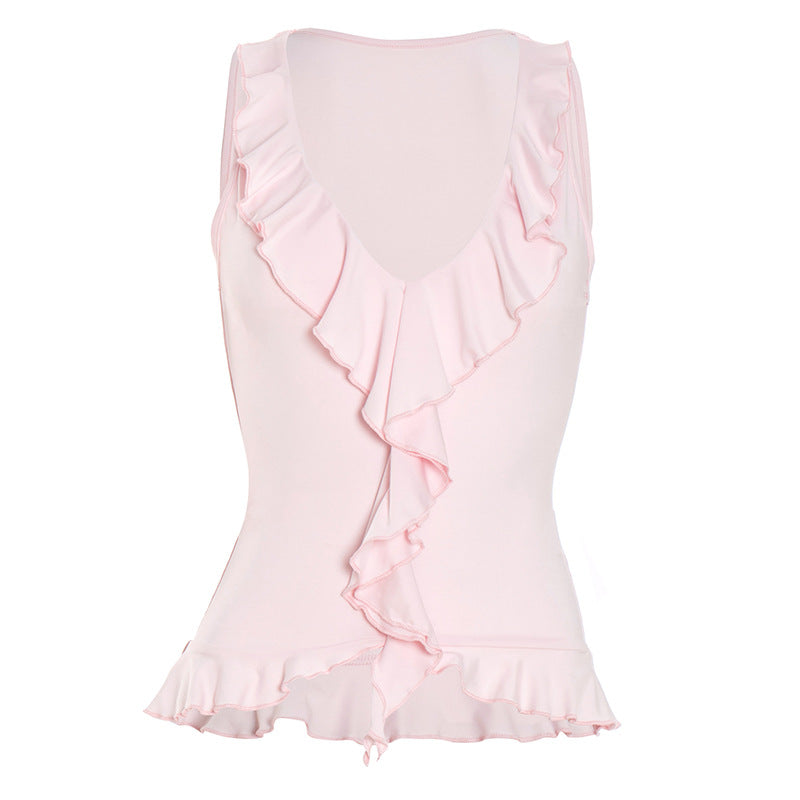 Chic Pink Ruffle V-Neck Tank Top for Women - Soft & Flattering Fall Layer
