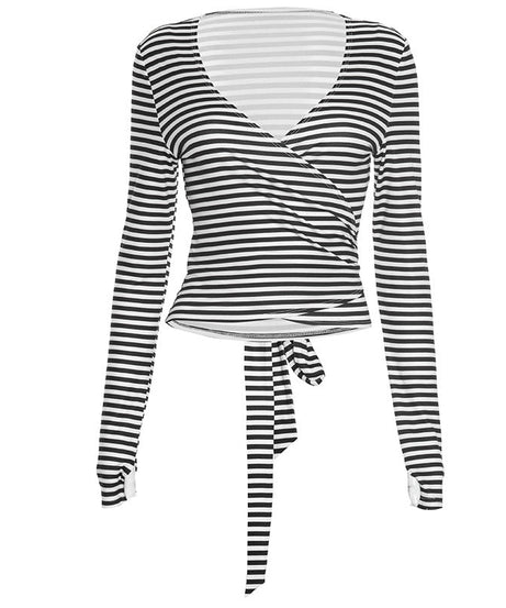 Fall Chic: Women's Striped V-Neck Wrap Long Sleeve Top with Adjustable Tie Waist