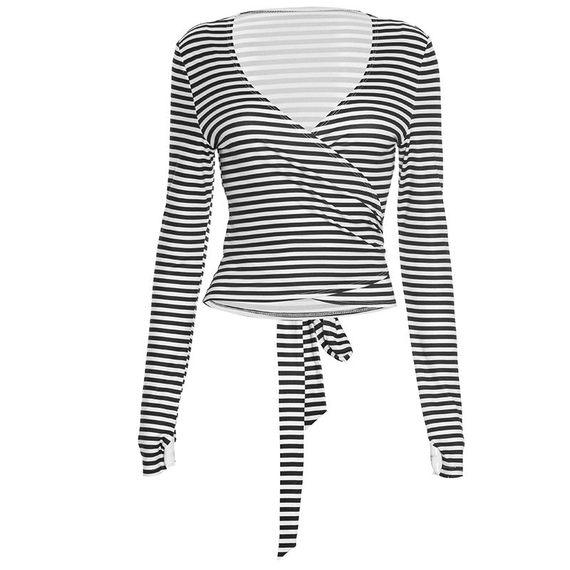 Fall Chic: Women's Striped V-Neck Wrap Long Sleeve Top with Adjustable Tie Waist