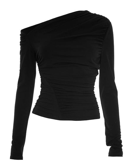 Sophisticated Black One-Shoulder Ruched Long Sleeve Top - Fall & Holiday Ready