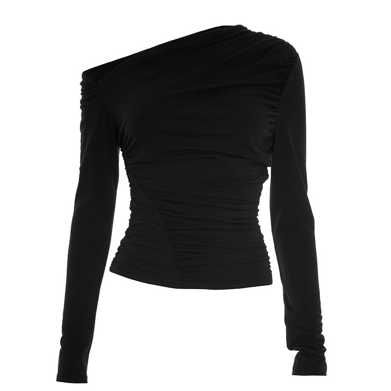 Sophisticated Black One-Shoulder Ruched Long Sleeve Top - Fall & Holiday Ready