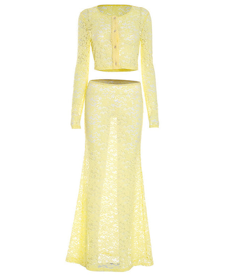 Chic Golden Yellow Lace Maxi Skirt & Crop Cardigan Set - Fall Event & Resort Ready