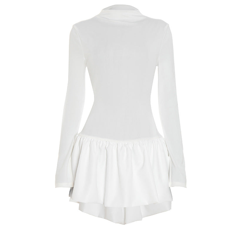 Effortless Chic: White High-Neck Ruffle Mini Dress for Fall & Holiday Style