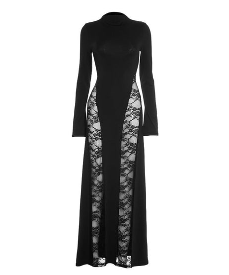 Dramatic Black Lace Panel Maxi Dress - Fall & Holiday Elegance
