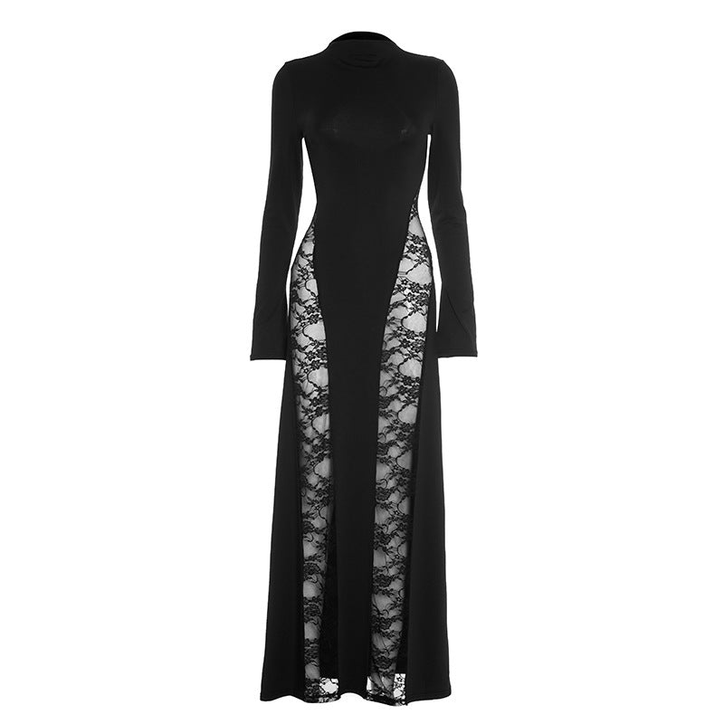 Dramatic Black Lace Panel Maxi Dress - Fall & Holiday Elegance