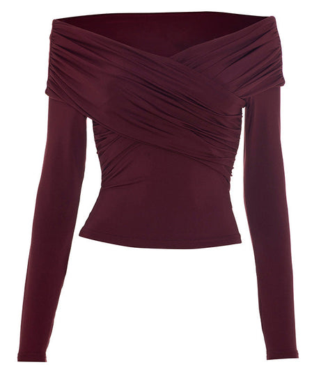 Stunning Burgundy Ruched Off-Shoulder Long Sleeve Top – Your Must-Have for Fall & Holiday Season