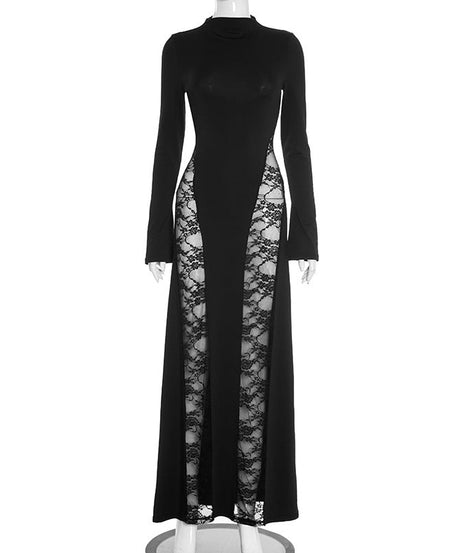 Dramatic Black Lace Panel Maxi Dress - Fall & Holiday Elegance