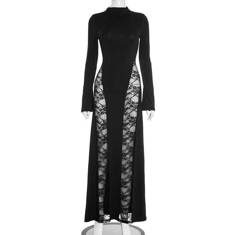 Dramatic Black Lace Panel Maxi Dress - Fall & Holiday Elegance