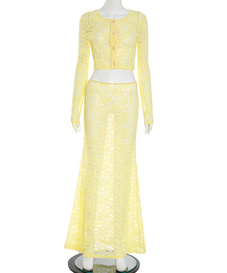 Chic Golden Yellow Lace Maxi Skirt & Crop Cardigan Set - Fall Event & Resort Ready