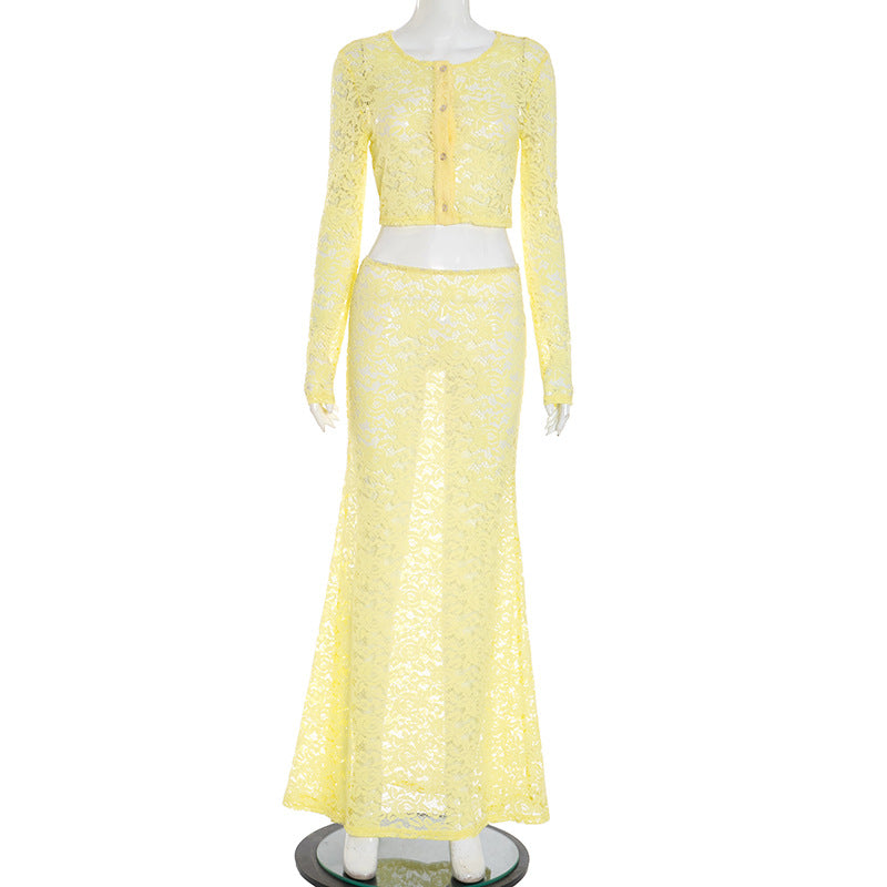 Chic Golden Yellow Lace Maxi Skirt & Crop Cardigan Set - Fall Event & Resort Ready