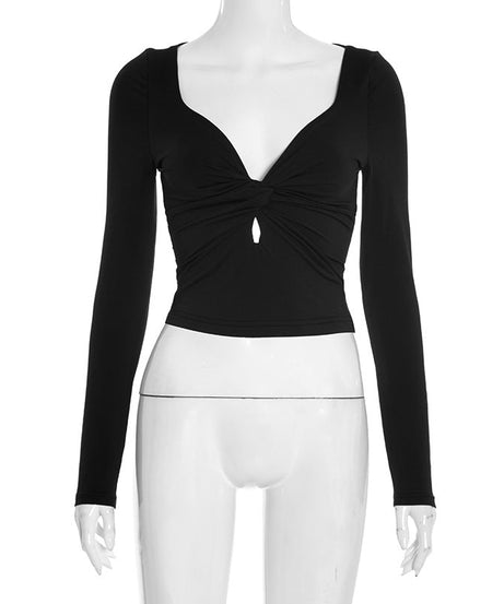 Fall Chic! Black Ruched V-Neck Keyhole Crop Top - Long Sleeve Statement Piece