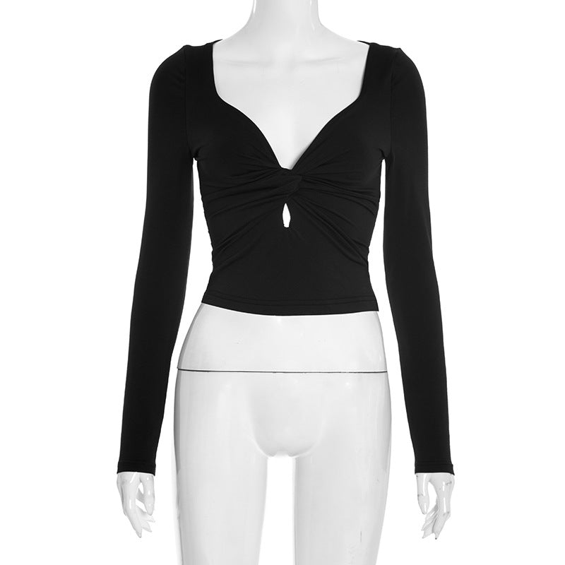 Fall Chic! Black Ruched V-Neck Keyhole Crop Top - Long Sleeve Statement Piece