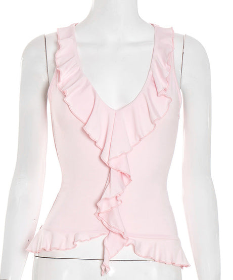 Chic Pink Ruffle V-Neck Tank Top for Women - Soft & Flattering Fall Layer