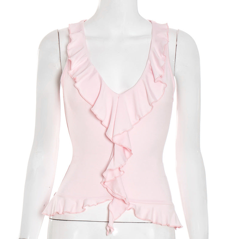 Chic Pink Ruffle V-Neck Tank Top for Women - Soft & Flattering Fall Layer