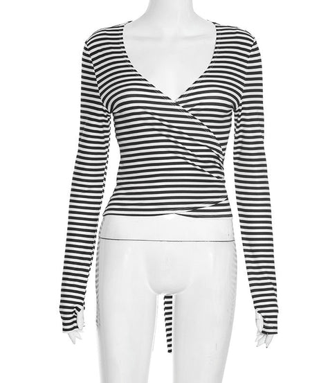 Fall Chic: Women's Striped V-Neck Wrap Long Sleeve Top with Adjustable Tie Waist