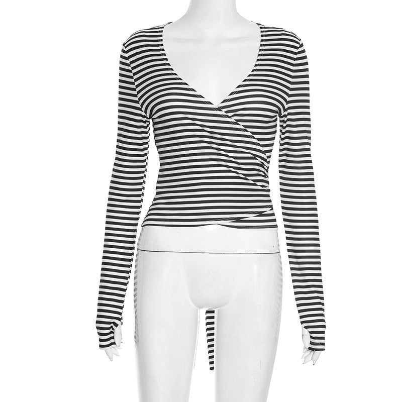 Fall Chic: Women's Striped V-Neck Wrap Long Sleeve Top with Adjustable Tie Waist