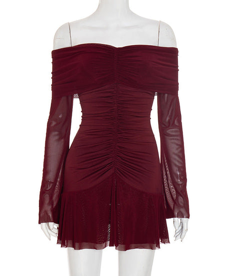 Alluring Garnet Ruched Off-Shoulder Mini Dress - Mesh Long Sleeve | Fall & Holiday Party Ready