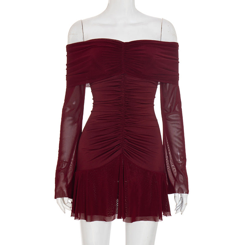 Alluring Garnet Ruched Off-Shoulder Mini Dress - Mesh Long Sleeve | Fall & Holiday Party Ready