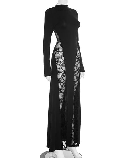Dramatic Black Lace Panel Maxi Dress - Fall & Holiday Elegance