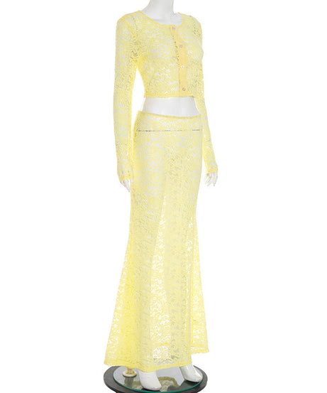 Chic Golden Yellow Lace Maxi Skirt & Crop Cardigan Set - Fall Event & Resort Ready