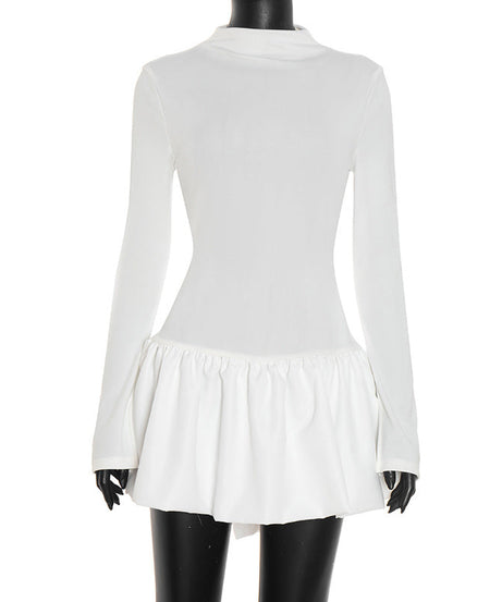 Effortless Chic: White High-Neck Ruffle Mini Dress for Fall & Holiday Style