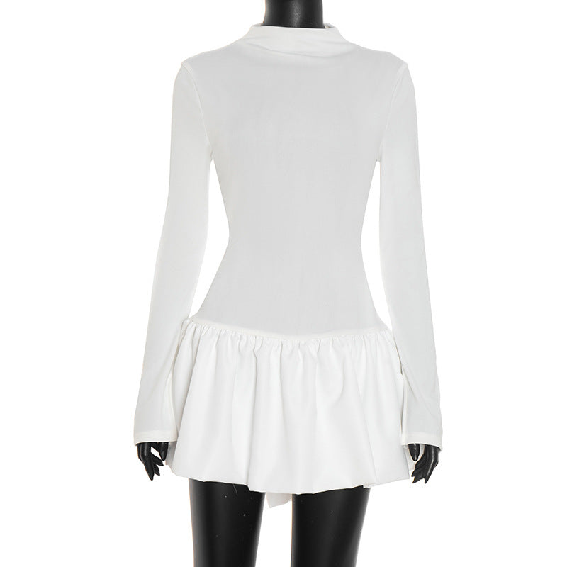 Effortless Chic: White High-Neck Ruffle Mini Dress for Fall & Holiday Style