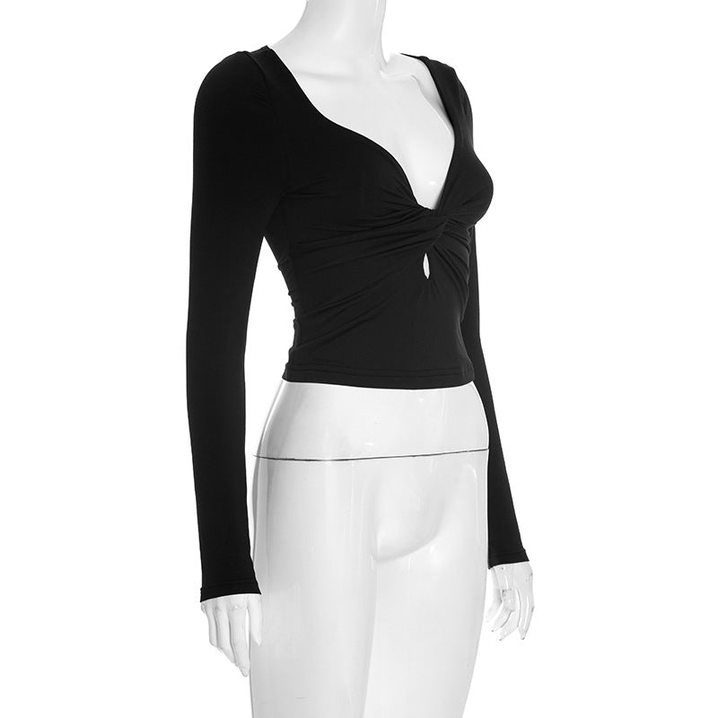 Fall Chic! Black Ruched V-Neck Keyhole Crop Top - Long Sleeve Statement Piece