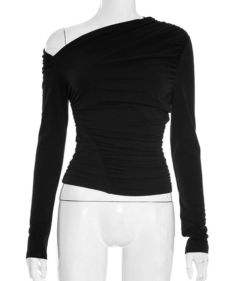 Sophisticated Black One-Shoulder Ruched Long Sleeve Top - Fall & Holiday Ready