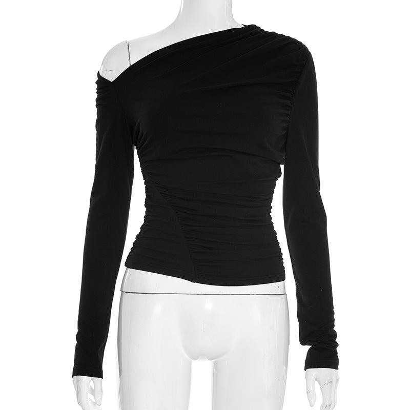 Sophisticated Black One-Shoulder Ruched Long Sleeve Top - Fall & Holiday Ready