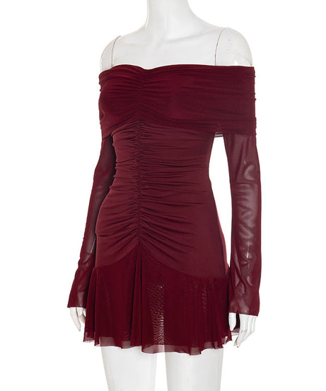 Alluring Garnet Ruched Off-Shoulder Mini Dress - Mesh Long Sleeve | Fall & Holiday Party Ready