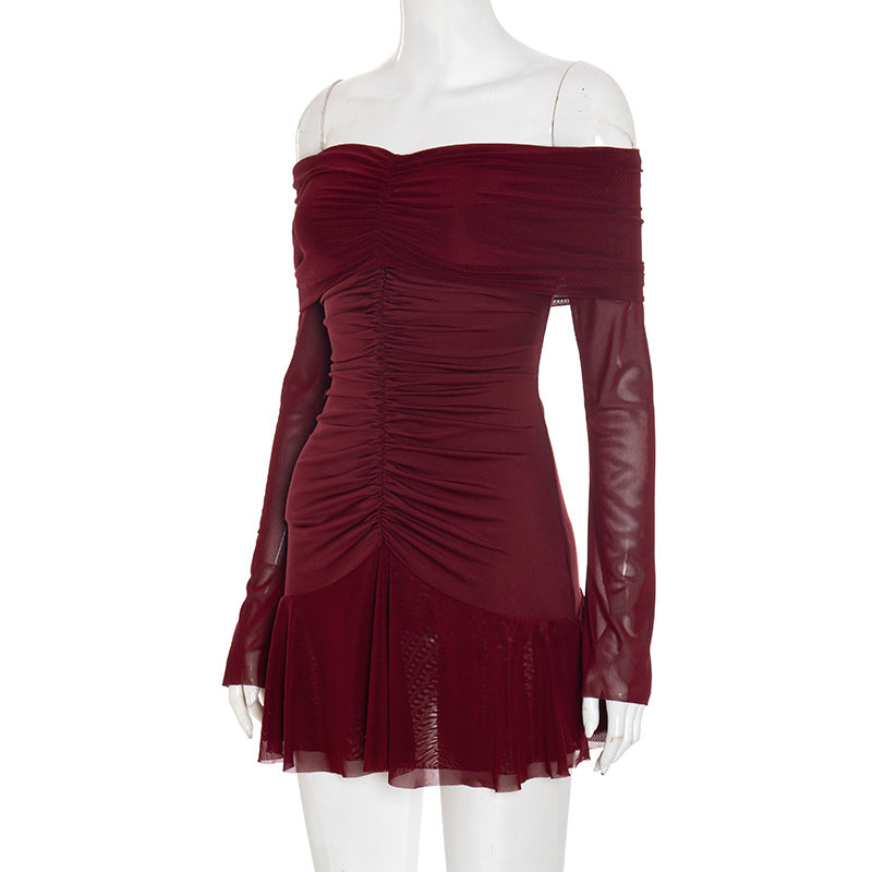 Alluring Garnet Ruched Off-Shoulder Mini Dress - Mesh Long Sleeve | Fall & Holiday Party Ready