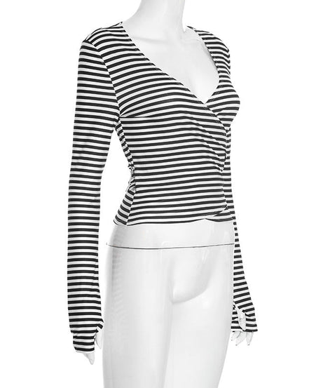Fall Chic: Women's Striped V-Neck Wrap Long Sleeve Top with Adjustable Tie Waist