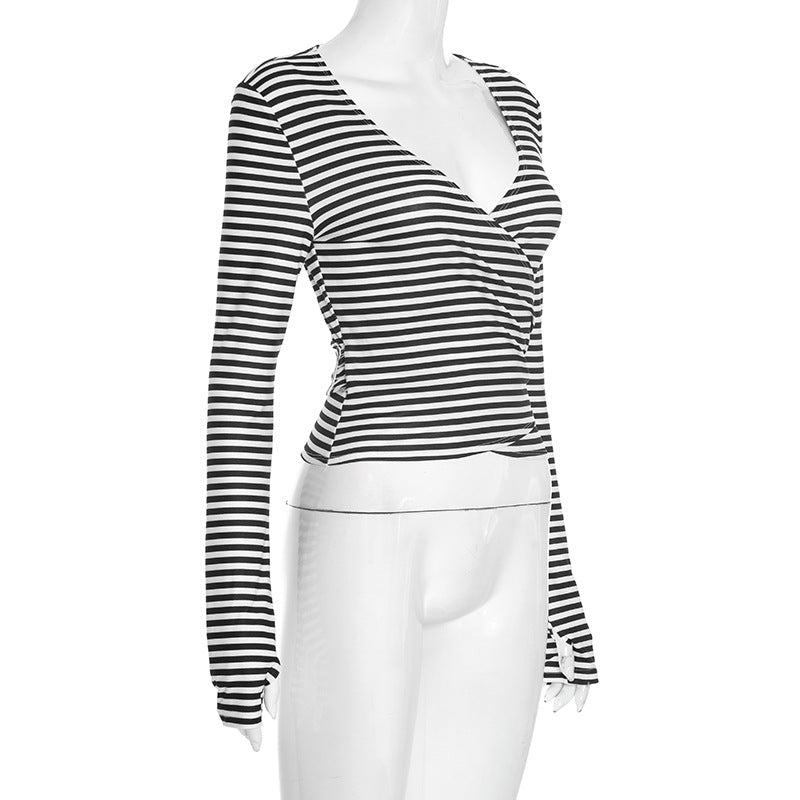 Fall Chic: Women's Striped V-Neck Wrap Long Sleeve Top with Adjustable Tie Waist