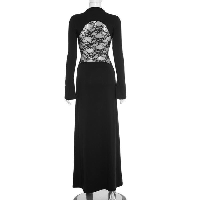 Dramatic Black Lace Panel Maxi Dress - Fall & Holiday Elegance