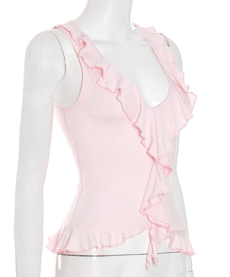 Chic Pink Ruffle V-Neck Tank Top for Women - Soft & Flattering Fall Layer
