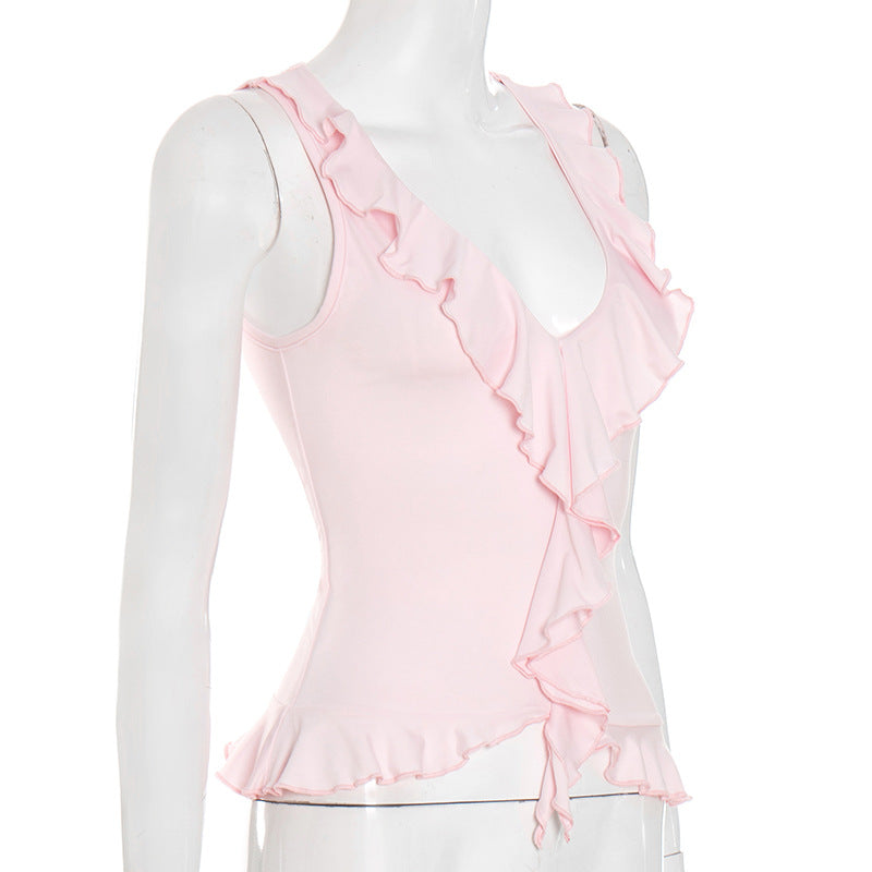 Chic Pink Ruffle V-Neck Tank Top for Women - Soft & Flattering Fall Layer