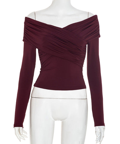 Stunning Burgundy Ruched Off-Shoulder Long Sleeve Top – Your Must-Have for Fall & Holiday Season