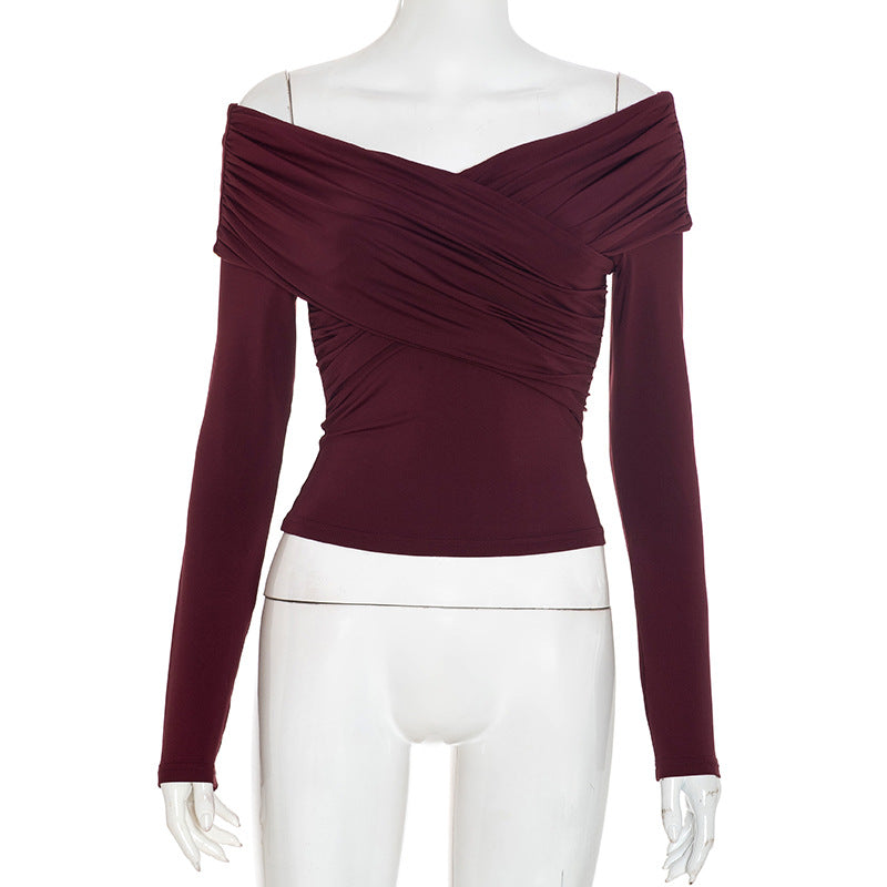 Stunning Burgundy Ruched Off-Shoulder Long Sleeve Top – Your Must-Have for Fall & Holiday Season