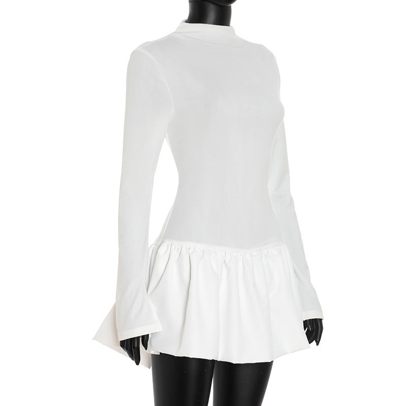 Effortless Chic: White High-Neck Ruffle Mini Dress for Fall & Holiday Style
