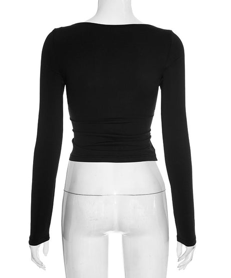 Fall Chic! Black Ruched V-Neck Keyhole Crop Top - Long Sleeve Statement Piece