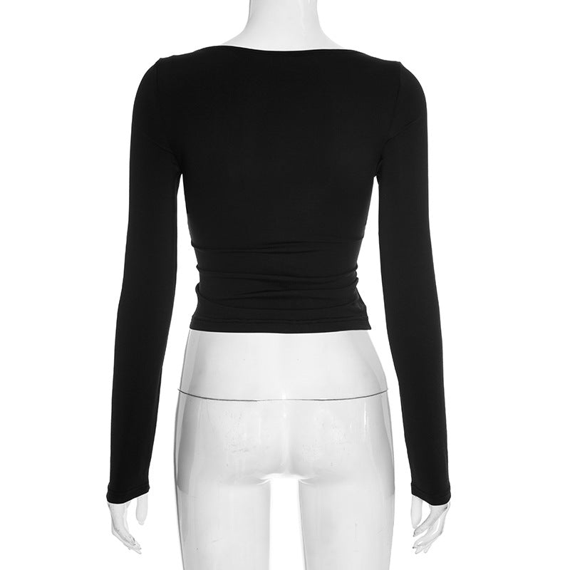 Fall Chic! Black Ruched V-Neck Keyhole Crop Top - Long Sleeve Statement Piece