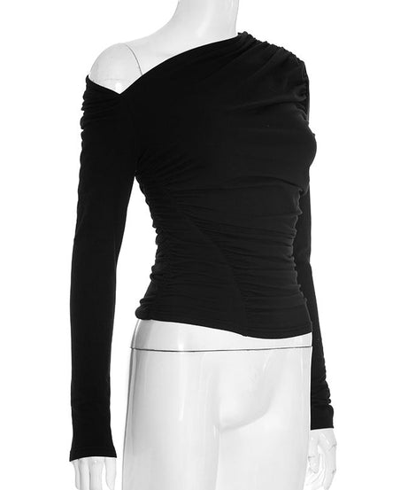 Sophisticated Black One-Shoulder Ruched Long Sleeve Top - Fall & Holiday Ready