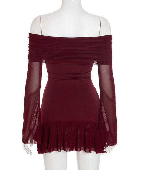 Alluring Garnet Ruched Off-Shoulder Mini Dress - Mesh Long Sleeve | Fall & Holiday Party Ready