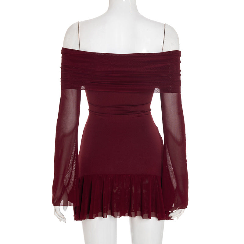Alluring Garnet Ruched Off-Shoulder Mini Dress - Mesh Long Sleeve | Fall & Holiday Party Ready